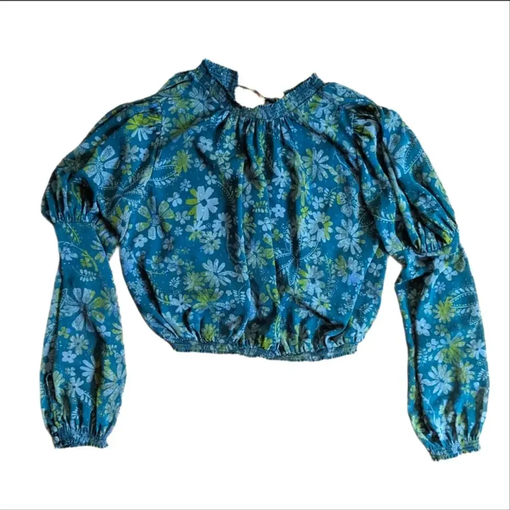 Free People Clarissa Smocked Long Sleeve Floral Chiffon Swiss Dot Blouse Top